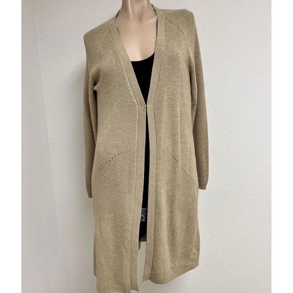 CAbi Sweaters - Cabi Cardigan Women M Tan Longline Hook Eye Ribbed Knit Duster 3359 Neutral Core